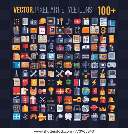 Flat, mobile apps icons. Pixel art  icons set. Office stationery. Internet technology. Gallery of films. Design applications. 8-bit. Game assets. Isolated retro pixel art vector illustrations set. 