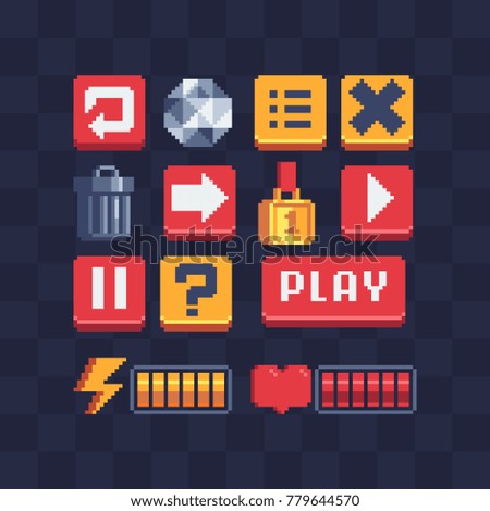 Pixel art icons set. Video game achievements. Options items. Game UI options. Trash basket. Battery charge. 8-bit sprites. Game assets. Isolated  abstract vector illustration.