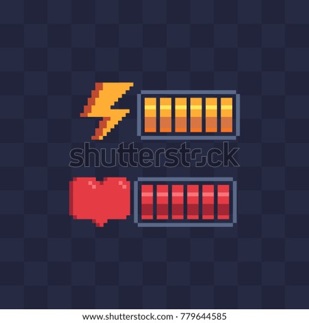 Pixel art style. Battery charge. Full health bar. Video game 8-bit sprite. Sign energy, heart. Isolated abstract vector illustration. 