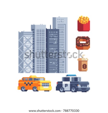 New York city. American theme. Modern buildings skyscrapers. Fast food. Police car and taxi. Sticker design. Pixel art style. Isolated vector illustration.