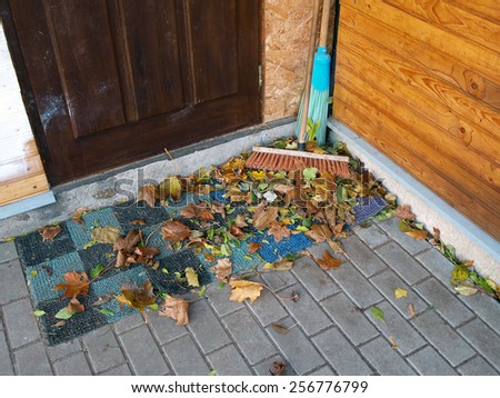 Colorful fallen leaves on door mat near house entrance