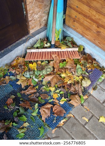 Colorful fallen leaves on door mat near house entrance