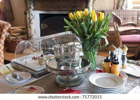 still life with yellow tulips breakfast