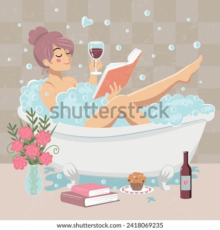 Vector illustration of a woman enjoying Valentine’s Day single, taking bath, reading book and drinking wine. Being alone. Self care. Texture, pink colors