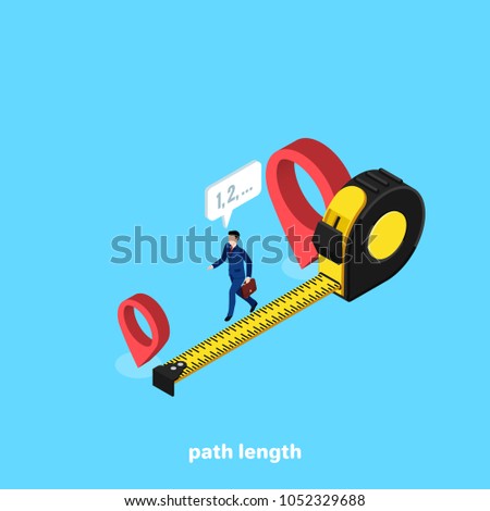 a man in a business suit measures the distance between two points, an isometric image