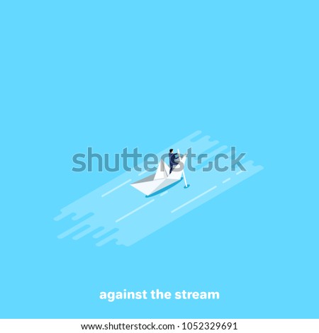 a man in a business suit sails on a paper boat against the stream, an isometric image