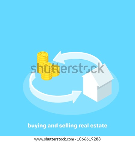 money and house between the arrows on a blue background, isometric image