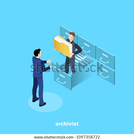a man in a business suit issues a folder with documents from the archive, an isometric image 商業照片 © 