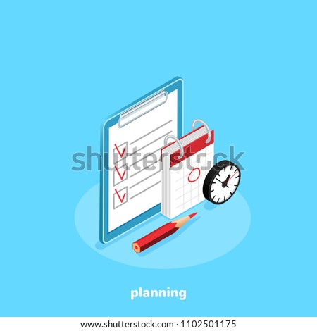 a tablet next to the calendar and a clock on a blue background, an isometric image