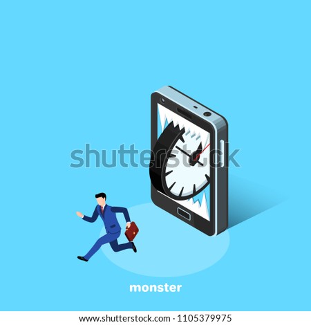 a man in a business suit runs away from a toothy smartphone, an isometric image