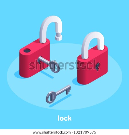 isometric vector image on a blue background, a red lock with a key, open and closed retro lock