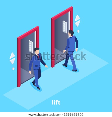 Isometric vector image on a blue Isometric vector image on a blue background, a man in a business suit enters the elevator and another goes, an elevator in the office