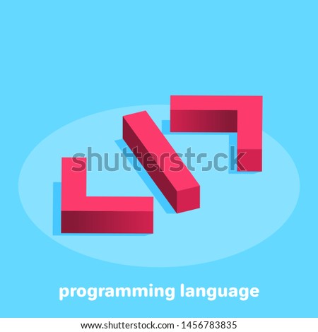 isometric vector image on a blue background, the icon in red in the form of brackets denoting the code of the programming language