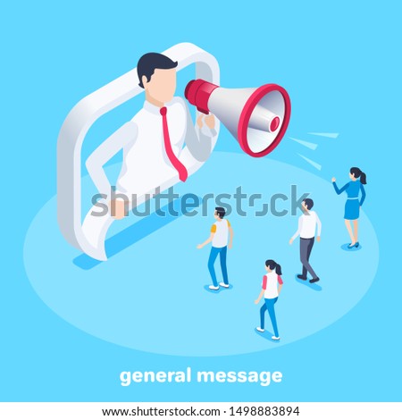 isometric vector image on a blue background, a man in business clothes with a loudspeaker and people who came to the call, attracting buyers and subscribers