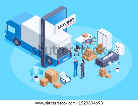 isometric vector image on a blue background, a truck in a smartphone and things with boxes for moving, moving service ストックフォト © 