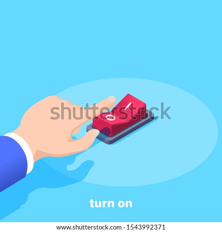 isometric vector image on a blue background, male hand presses the red button switch, turn on