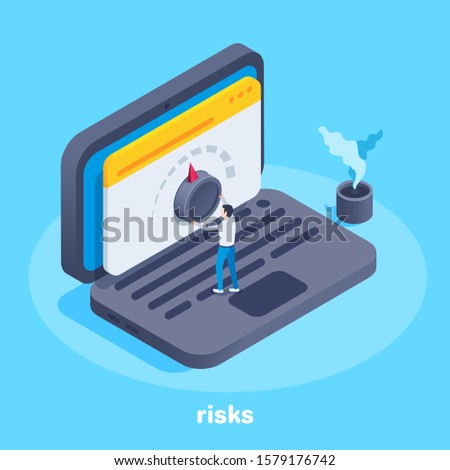 isometric vector image on a blue background, a man twists an adjustment wheel on a laptop screen, raising or lowering risks in business