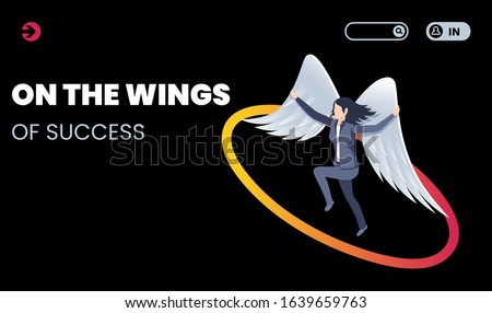 isometric vector image on a black background in the form of a landing, a woman in a business suit with large white wings takes off, inspiration in business