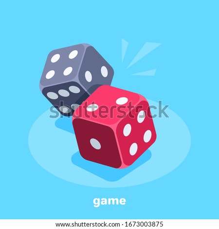 isometric vector image on a blue background, red and black dice, gambling and entertainment