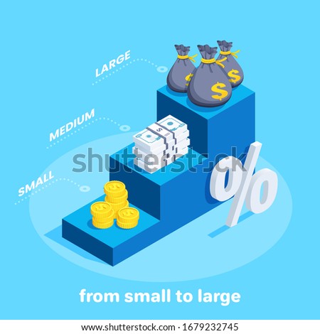 isometric vector image on a blue background, money in the form of coins and bills as well as bags of money on the steps of the chart, financial receipts from small to large