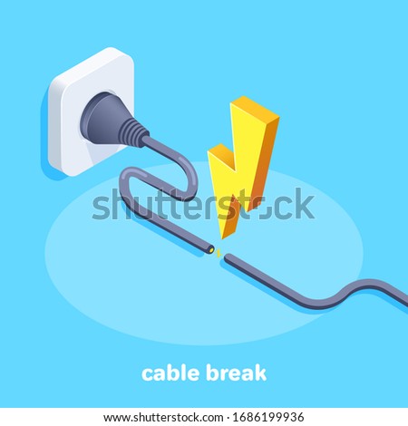 isometric vector image on a blue background, a tattered cable plugged into an outlet and lightning bolt from a short circuit, electric shock warning