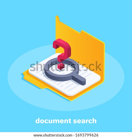 isometric vector image on a blue background, an open folder with a document and a magnifier with a question mark, search for a document in the database