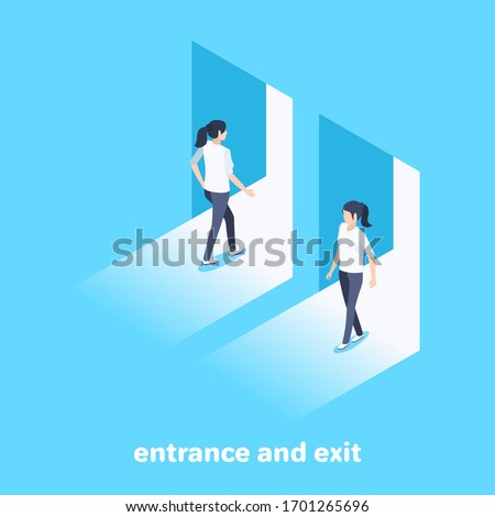 isometric vector image on a blue background, women enter and exit the open door, entrance and exit