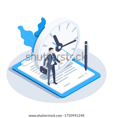 isometric vector image on a white background, a man in a business suit stands on a document near the clock, temporary contract Foto d'archivio © 