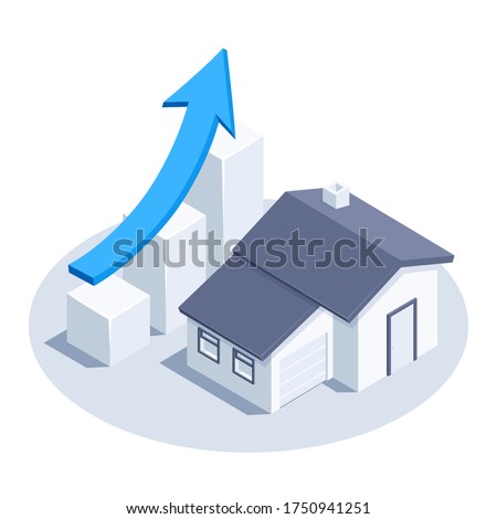 isometric vector image on a white background, a rising chart icon with a blue arrow and a house, real estate market