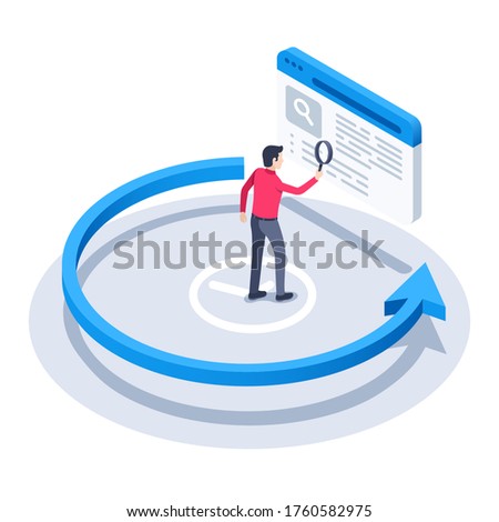 isometric vector image on a white background, a man with a magnifying glass looks at the application history and the arrow going counterclockwise