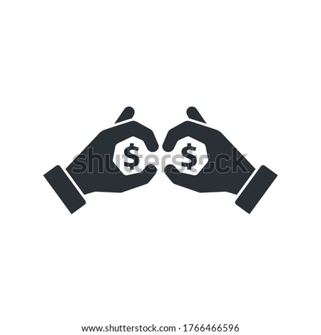 flat vector image on white background, hand icon with binoculars and dollar icon, money search