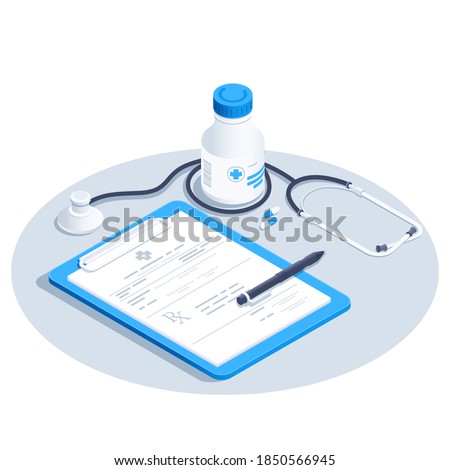 isometric vector image on white background, stethoscope and pill jar, doctor's prescription and pen