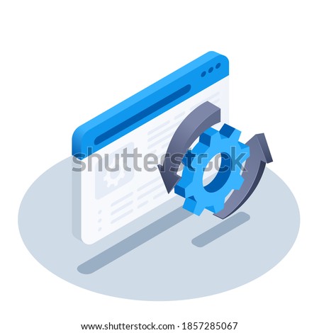 isometric vector illustration on white background, icon in the form of program window and gear with arrows, application settings