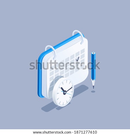 isometric vector illustration on gray background, calendar with pencil and clock, business note