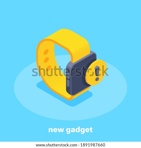 isometric vector illustration on blue background, smart watch and exclamation mark, new gadget