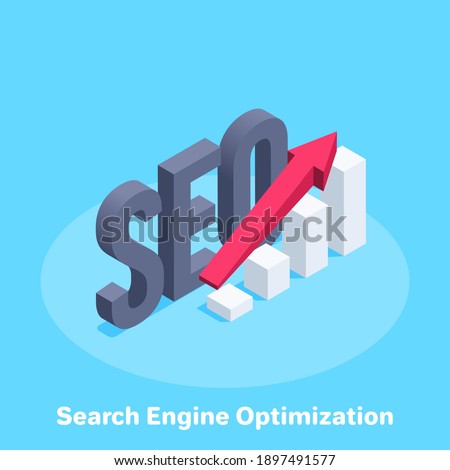 isometric vector illustration on blue background, word seo and chart with arrow