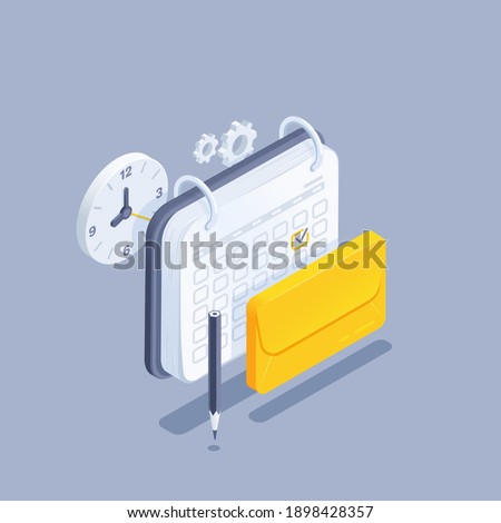 isometric vector illustration on gray background, envelope next to calendar and clock, regular mailing