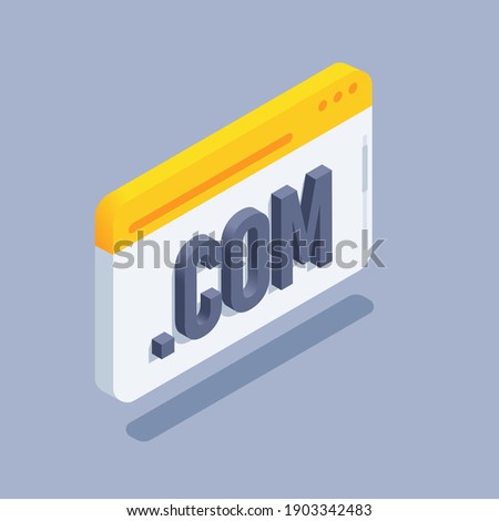 isometric vector illustration on gray background, browser window and lettering .com