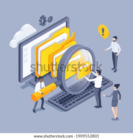isometric vector illustration on a gray background, people in business clothes with a magnifying glass near the computer look at the folders with files, working with files
