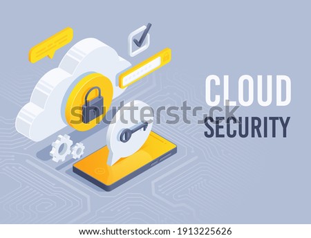 isometric vector illustration on gray background, smartphone with key and cloud with lock, cloud security