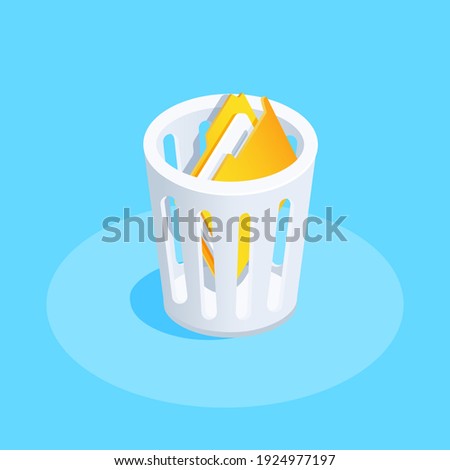 isometric vector illustration on blue background, trash can and folder, recovering accidentally deleted file