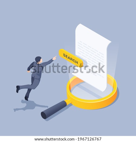 isometric vector illustration on gray background, search for document, man in business suit reaches for yellow button with inscription search and magnifier with text document