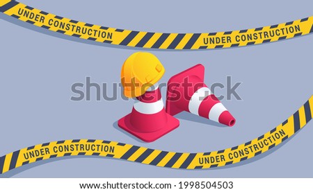 isometric vector illustration on gray background, traffic cones with sign and construction helmet, safety tape with inscription under construction