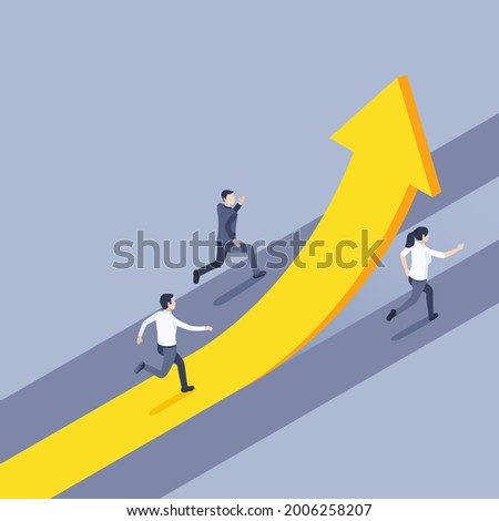 isometric vector illustration on a gray background, men and a woman in business clothes are running along the paths one of which is a yellow arrow going up, the right way to success