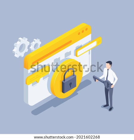 isometric vector illustration on gray background, password protection, program window with lock icon and man with key