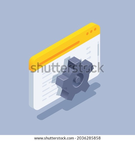 isometric vector illustration on gray background, browser window and gear icon, setting or debugging
