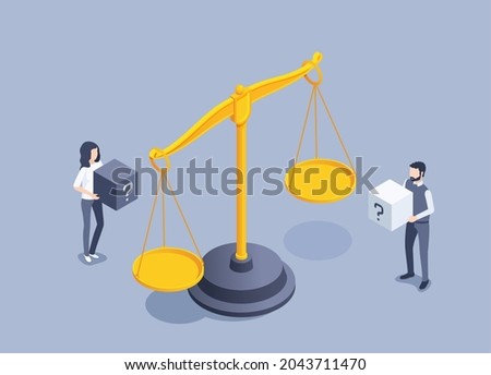 isometric vector illustration on gray background, vintage scales and a man with a woman holding cubes with a question mark, justice or equalization in rights, weight measurement