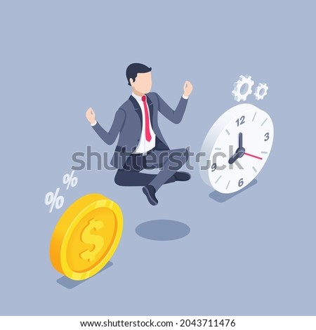 isometric vector illustration on gray background, man in business suit meditates between gold coin with dollar icon and clock, find balance and harmony