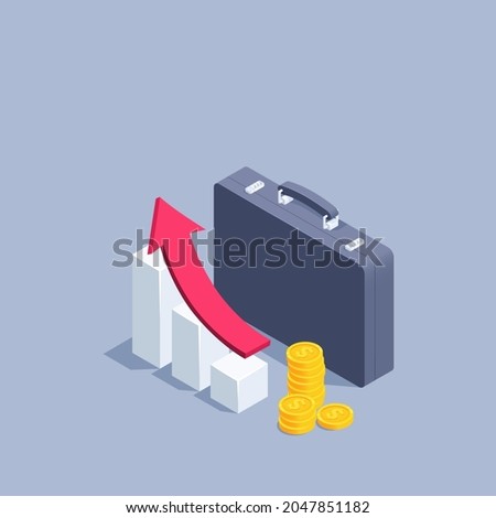 isometric vector illustration on gray background, business briefcase next to the chart and arrow and columns of coins with dollar sign, business financial aid or money gain
