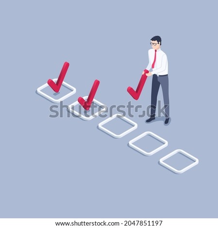 isometric vector illustration on gray background, man in business clothes putting check mark in the box, testing or planning